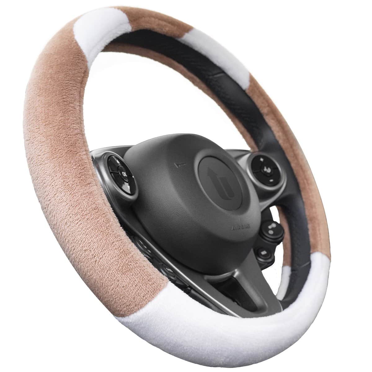 Upgrade4cars Couvre Volant Voiture Peluche Marron Blanc | Accessoires Auto Interieur | Taille Universel 37-39 cm | Cadeaux pour Femmes et Hommes | Decoration pour l'été et l'hiver