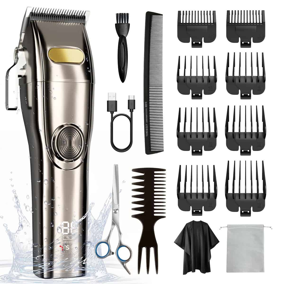 KIKIDO Tondeuse à cheveux électrique pour homme, sans fil, étanche, kit de coupe de cheveux professionnelle, kit de coupe de cheveux à domicile et ensemble de toilettage avec écran LED rechargeable