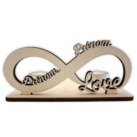 Bougeoir Amour Infini – Cadeau Romantique pour Couple – Personnalisé avec Prénoms – Parfait pour la Saint-Valentin, Bois, Brun.