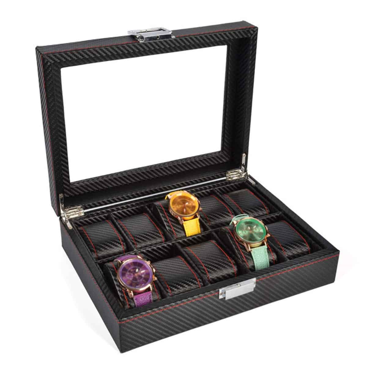 Guolich Boîte de Rangement de Montre étui de Support de Montre en Cuir en Fibre de Carbone Bijoux Bracelet Collection Organisateur avec Couvercle en Verre (10 Fentes)