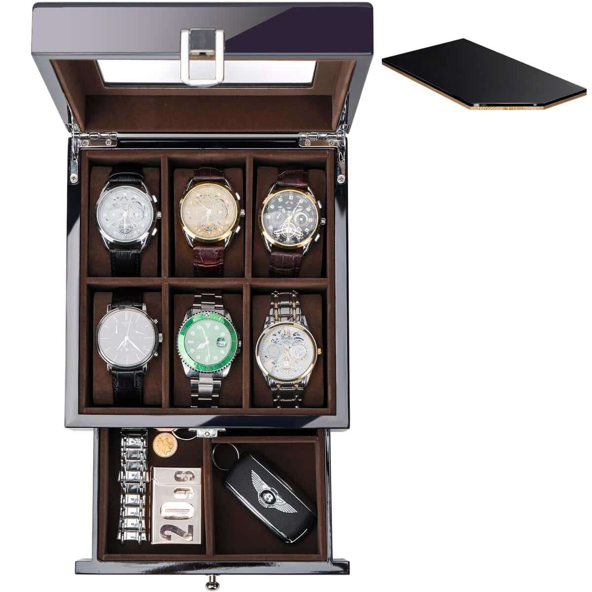 Procase Boite Montre Luxueuse à 2 Niveaux, 1ème Compartiment pour Range 6 Montres, 2ème Compartiment pour de Petits Objets, avec Couvercle en Verre -Noir