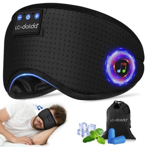 Masque de Nuit LC-dolida, Masque de Sommeil avec Bouchons d’oreille et Écouteurs Bluetooth Confortables. Parfait pour Dormir, Méditer ou Voyager. Cadeau idéal pour Homme ou Femme.