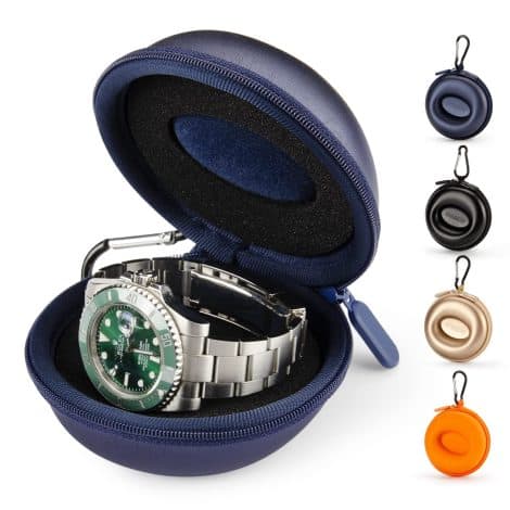 Boîte de rangement portable pour montres, avec fermeture à glissière, mousqueton et éponge. Convient aux montres inférieures à 50mm.