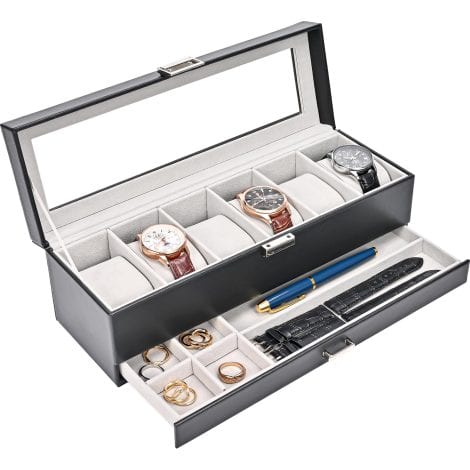 Boîte à montres Procase, 6 emplacements pour montres et compartiment pour bijoux, avec couvercle en verre – Noir.