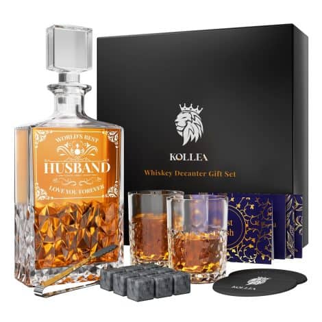 Ensemble Whisky Kollea – Cadeau unique et personnalisé pour homme, pour anniversaire ou mariage. Avec 2 verres, pierres à whisky et carte cadeau.