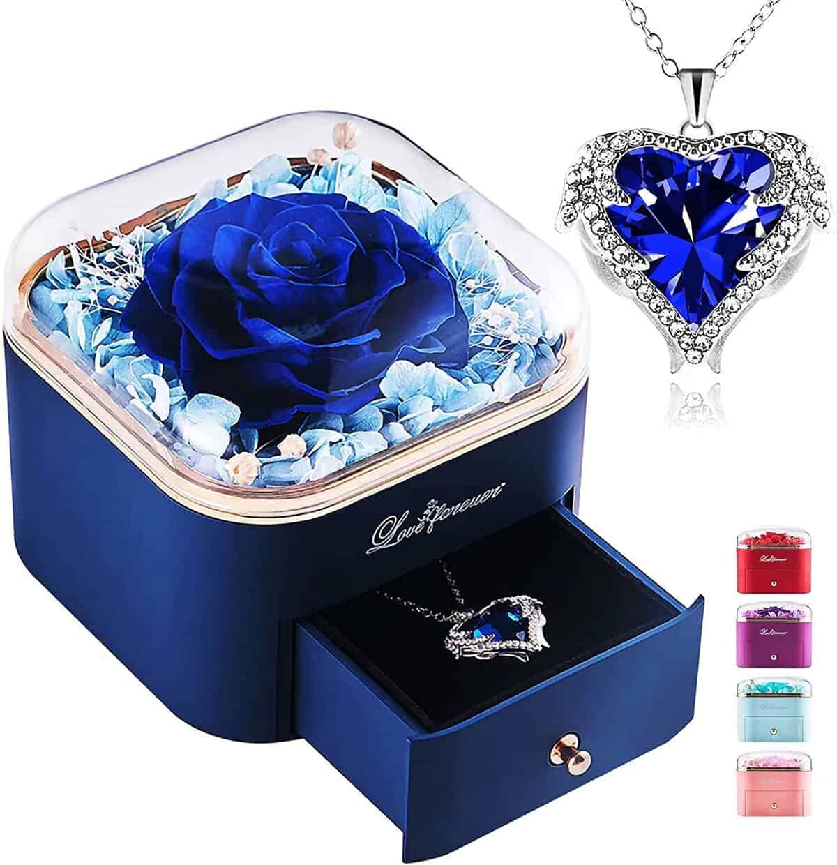 PISKEKAT Rose Eternelle avec Collier, Préservée Rose Cadeau pour Femme, Préservée Fleur Boîte à Bijoux, Boîte de Roses Conservée, Anniversaire Saint Valentin Noël Fête des Mères Cadeau pour Maman Grand-Mère