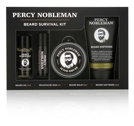 Ensemble essentiel pour une barbe parfaite de Percy Nobleman : huile parfumée, baume, cire et adoucisseur.