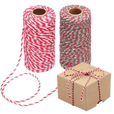 Kit de 2 bobines de ficelle de Noël en coton – 200 m – Rouge et blanc – Parfait pour pâtisseries, boucheries, créations, et emballages.