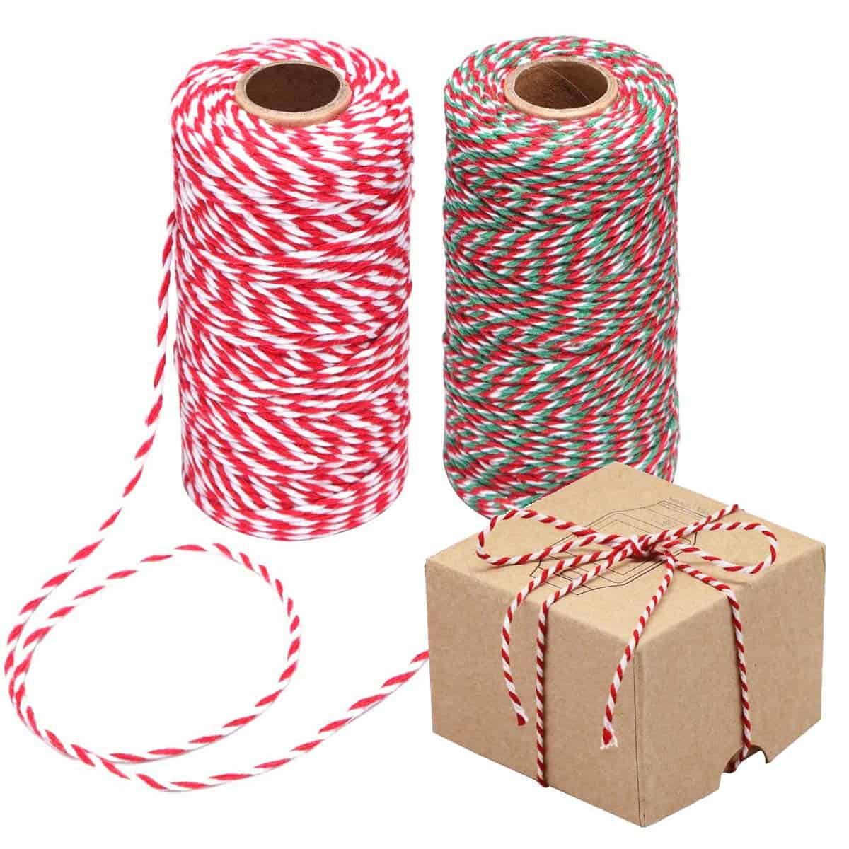 ENTHUR Lot de 2 rouleaux de ficelle de Noël en coton - 200 m - Rouge et blanc - Idéal pour la pâtisserie, les boucheries, les loisirs créatifs, l'emballage