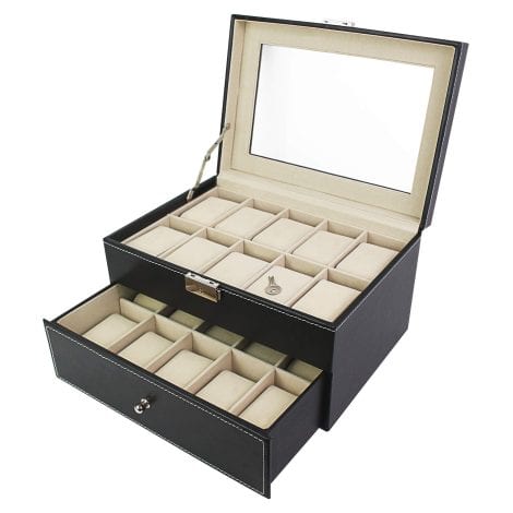 Todeco – Boîte pour Montres de 20 montres avec vitre et tiroir – Noir/Beige en verre – 28,5 x 20,5 x 15 cm.