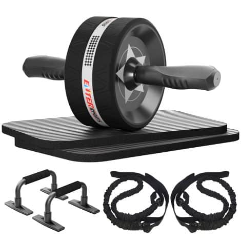 Kit d’entraînement abdominaux EnterSports 6 en 1 : roue, bande de fitness, pompes, tapis genoux – Parfait à domicile pour tous.