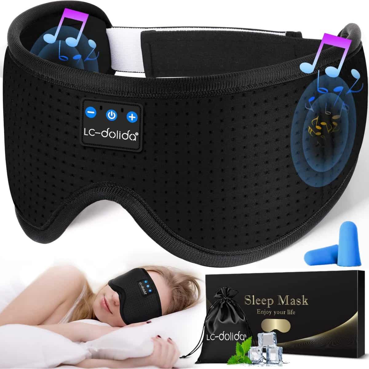 LC-dolida Masque de Nuit, Innovant Masque de Sommeil et Bouchons D'oreille Doux et Confortables Écouteurs Bluetooth pour Dormir, les Siestes, la Méditation, les Voyages,Cadeaux pour Homme Femme