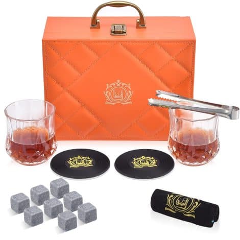 Coffret Whisky pour Homme Menbyci : ensemble cadeau avec 2 verres et 8 pierres à whisky en granit, idéal pour Noël et les anniversaires de mari, ami ou papa.