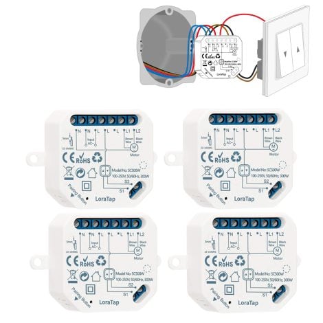 Module de commande vocale LoraTap pour volet roulant/rideau/stores, compatible avec Alexa et Google Home.