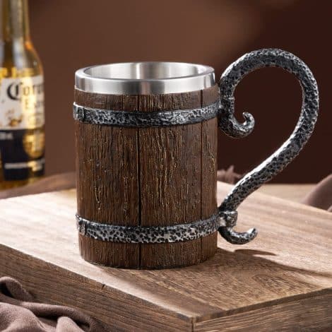 Arola Chope à Bière Bois Main, Tasse Vintage Inox, Tasse Boire Médiévale Café/Boisson/Jus 500 ml Cadeau Homme.