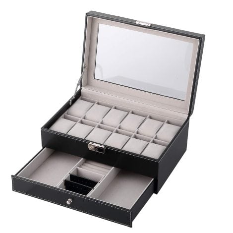 Coffret de rangement en cuir synthétique noir pour montres et bijoux : Uten Étui Élégant.