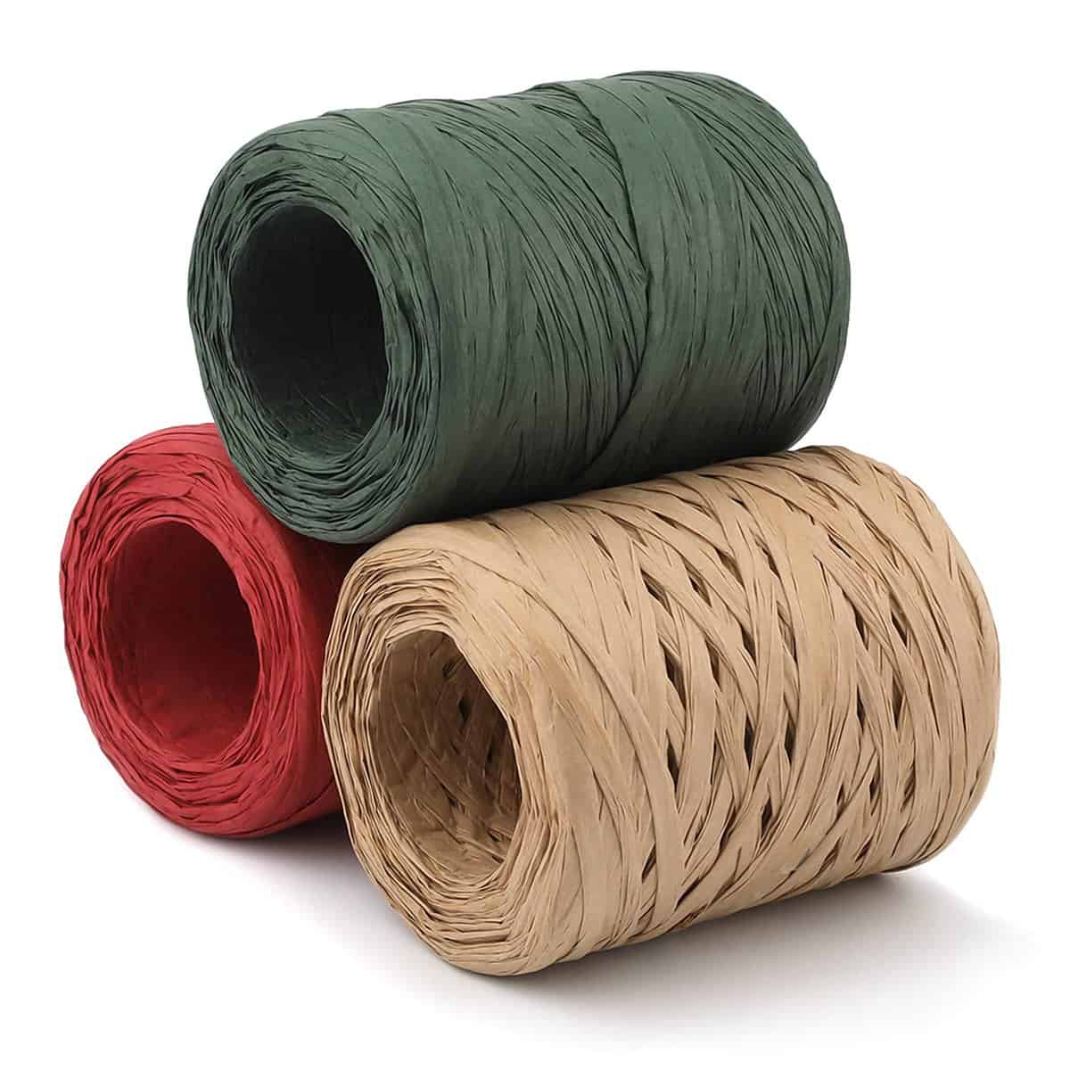 AIEX 3 Rouleaux Ruban Papier Raphia, 100m Ruban de Raphia Coloré Fil Raphia à Crocheter de Noël pour Emballage Cadeau Bricolage Décoration de Festival (Vert, Rouge, Couleur Kraft)