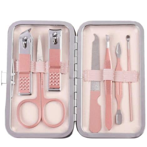 Ensemble manucure 7 pièces – Outil coupe-cuticules – Dissolvant ongles – Kit pédicure voyage – Trousse d’hygiène rose gold, idéale pour femmes et hommes.