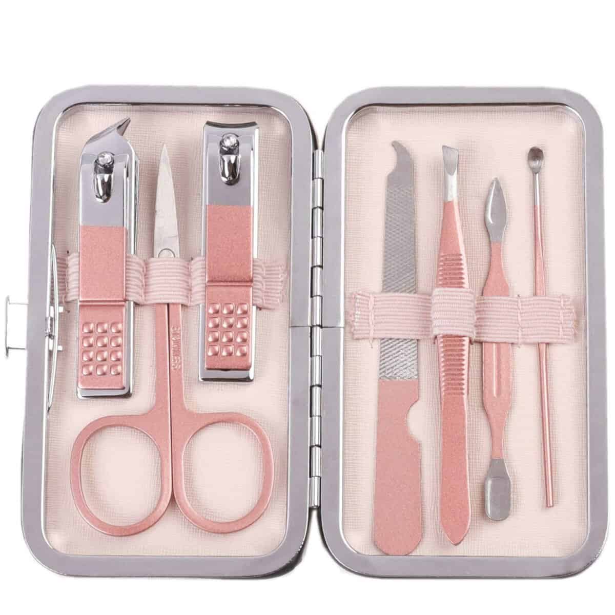 Kit de manucure 7 pièces - Coupe-cuticules - Dissolvant pour ongles - Pédicure de voyage - Kit d'outils de toilettage - Cadeau pour femme et homme rose gold