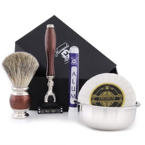 Ensemble de rasage Haryali London Maroon Antique, brosse noire, 3 lames, rasoir, bol, savon, crayon, cadeau idéal pour homme.