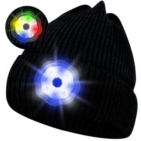 Riuog Bonnets LED Lumineux, Chapeau Tricoté Lumineux avec Lumières LED, rechargeable via USB, 4 modes d’éclairage, idéal cadeau de Noël – Noir (1 unité)