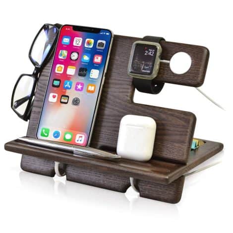 Organiseur de bureau en bois TESLYAR, parfait cadeau pour homme pour la fête des pères, Noël, anniversaire, compatible avec iPhone, iWatch et AirPods.