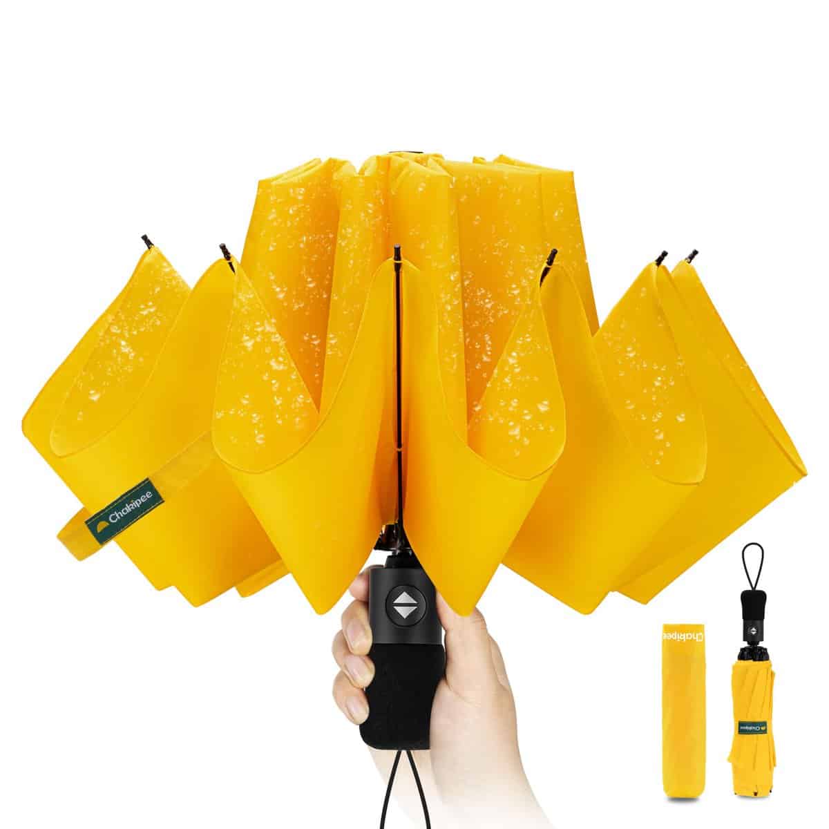 Chakipee Parapluie Pliant Inversé Compact - Parapluie Homme Automatique Resistant Vent, Parapluies Jaune de Voyage Portables pour la Pluie, Revêtement en Téflon 210T, Portée 105 cm, 10 Sections