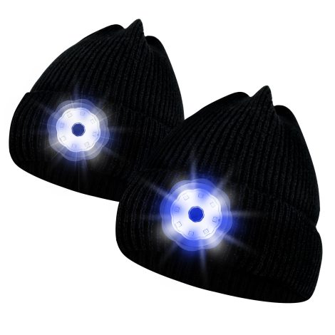 Riuog Bonnets Lumineux LED – Chapeau Tricoté avec Lumières LED rechargeables USB, 4 Modes d’Éclairage. Cadeau Original de Noël – Noir (2 pièces)