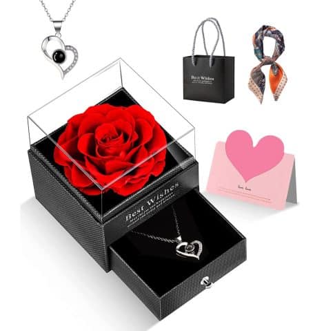 Rose éternelle avec collier I Love You, le cadeau idéal pour maman, femme, grand-mère. Parfait pour anniversaire et Noël. (Rouge)