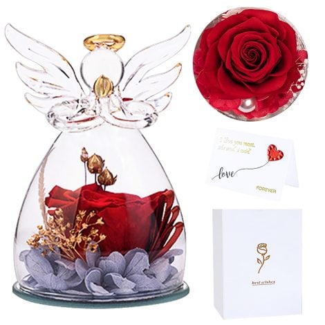 Rose éternelle SAMISO sous cloche, cadeau idéal pour la Fête des Mères : Rose éternelle Angel à offrir à maman, grand-mère ou petite amie.