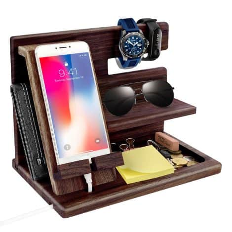 Organisateur en bois pour le bureau avec support de téléphone, montre, porte-monnaie. Cadeau original pour homme à Noël.