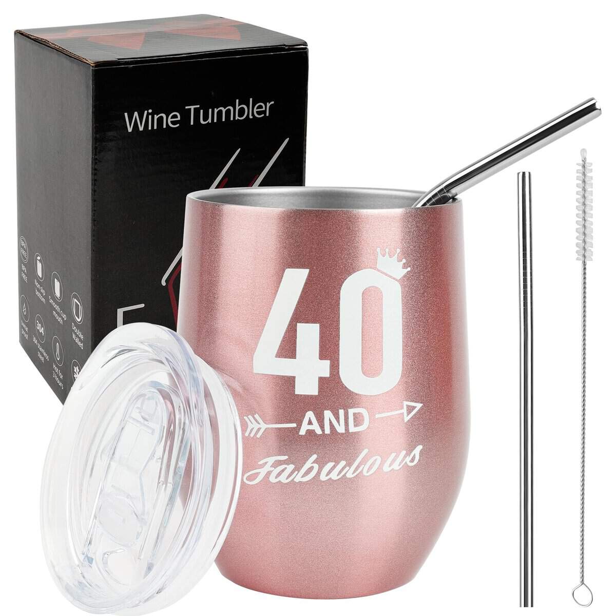 Verre à Vin 40 Ans, Verre à Vin sans Pied, Gobelet à Vin en Acier Inoxydable avec Paille et Couvercle, Cadeau Femme 40 Ans, Isolation Sous Vide Double Couche Mug pour Vin, Café, Boissons et Champagne