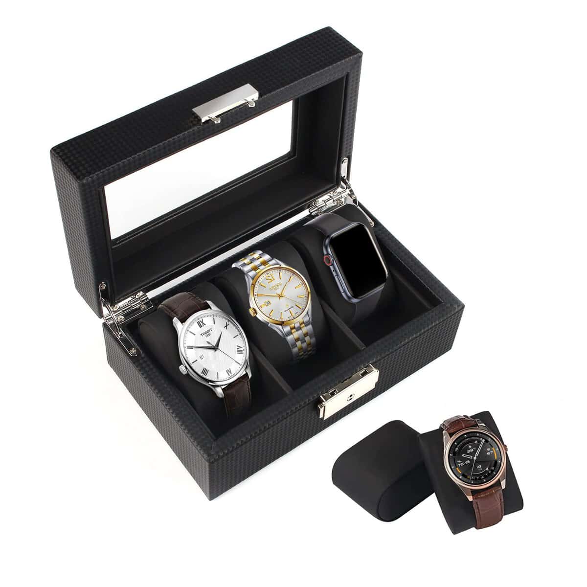 gramiibeau Boîte de Montre avec 3 Compartiments, Noire, Matériau en Fibre de Carbone PU, Boîte de Rangement en Cuir de Luxe avec Serrure et Clé, Cadeau pour Père et Amis, 18,8 x 11 x 8 CM