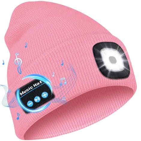 Bonnet Bluetooth Deilin avec lampe LED intégrée pour hommes et femmes, écouteurs sans fil. Parfait pour Noël et les anniversaires. (Couleur : Rose)