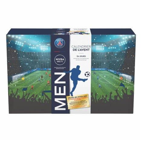 Calendrier de l’Avent NIVEA MEN 2023 avec ticket gagnant, coffret cadeau homme pour attendre Noël, calendrier de l’Avent homme Football avec produits et accessoires.