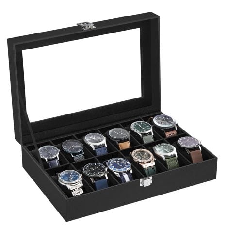 Boîte à montres SONGMICS avec 12 espaces, verre, coussinets amovibles, serrure en métal, revêtement et doublure noirs.