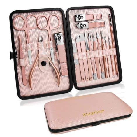 Ensemble de manucure et pédicure ZIZZON, 18 outils professionnels pour les ongles, avec étui de voyage en cuir rose.