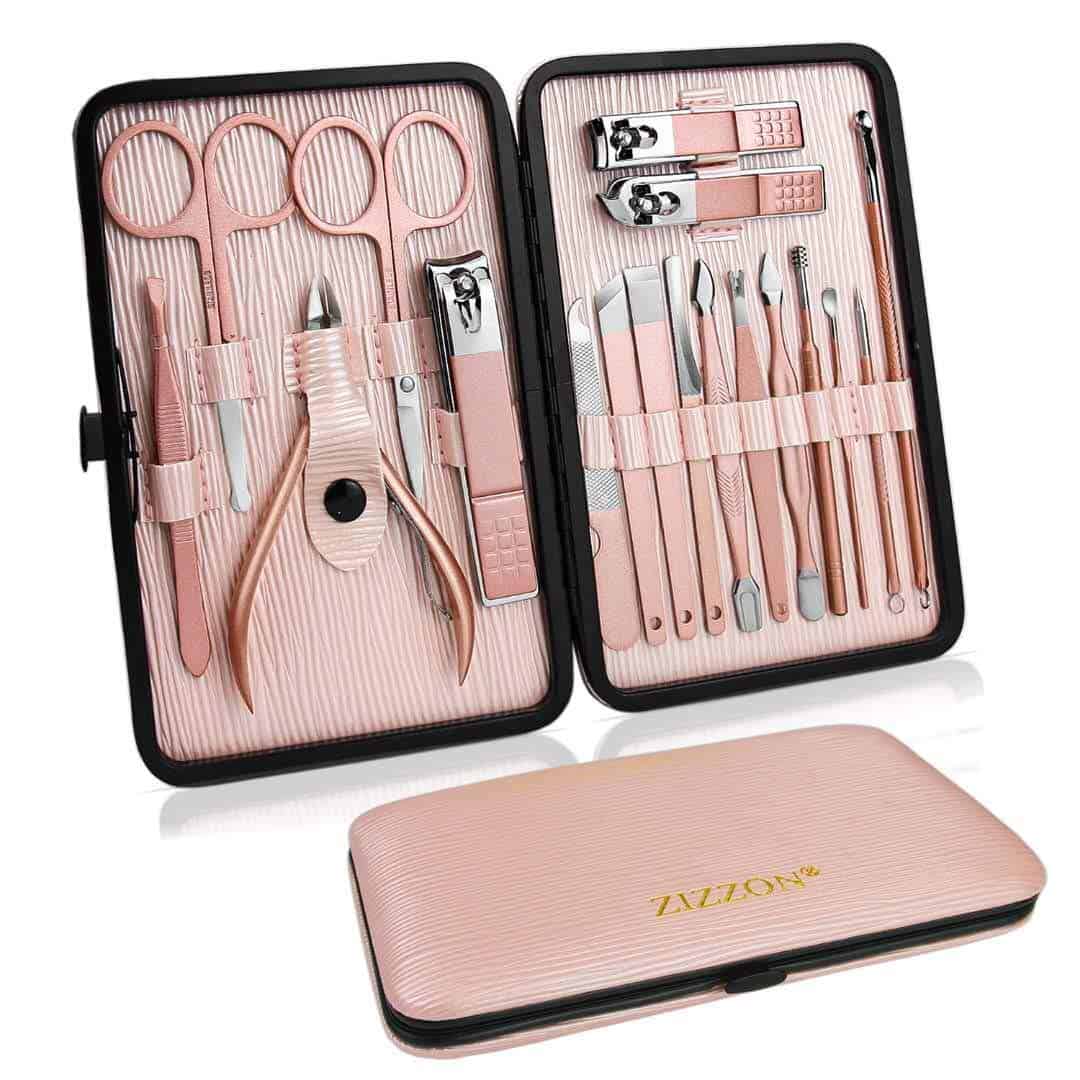 ZIZZON Set de manucure 18 en 1 Set de pédicure professionnel Ciseaux à ongles Kit de toilettage avec étui de voyage en cuir rose