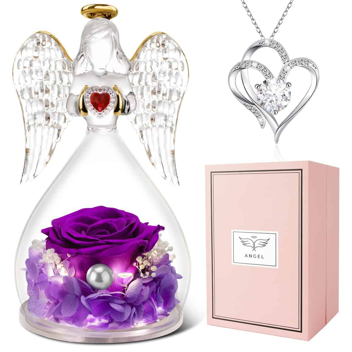 Miofula Cadeau Femme Saint Valentin Rose Eternelle sous Dôme Ange, Cadeau Maman Grand-Mère, Fleur Eternelle avec Collier, Préservé Rose Cadeau Fête des Mères Anniversaire Noël pour Femmes Petite Amie