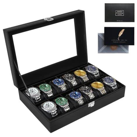 Boîte de rangement pour montres SAMISO avec 12 emplacements, couvercle en verre, cadeau pour homme, noir.