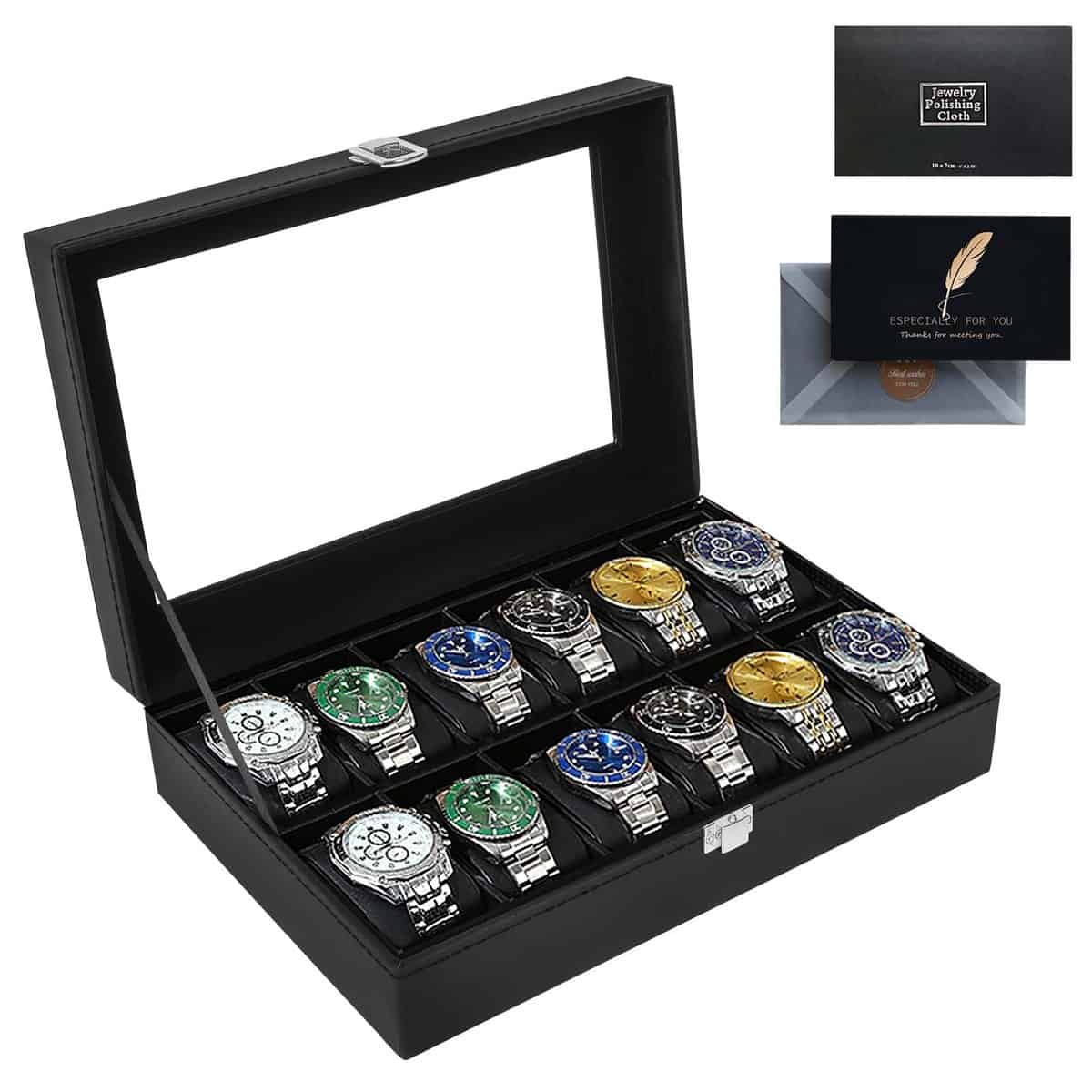 SAMISO Boîte à Montres à 12 Emplacements, Coffret à Montres,Présentoir à Montres,avec Couvercle en Verre,Coussinets Amovibles,Cadeau pour Homme,Boîte Rangement Montre pour Hommes Femmes,Noir