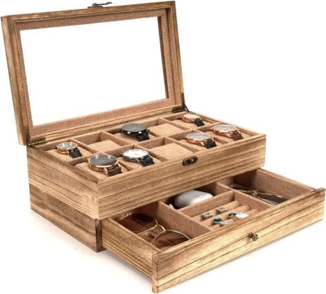 Boîte à montres Emfogoo – Coffret 10 emplacements pour montres homme/femme, 2 niveaux bois homme, idéal petit ami, fête pères, anniversaire. (noir carbone)