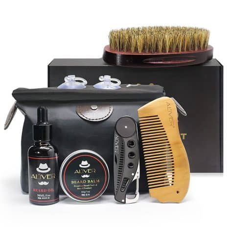 Ensemble de soins pour barbe, 6 pièces, incluant huile de barbe bio, bavette, brosse, peignes, baume et sac de rangement.