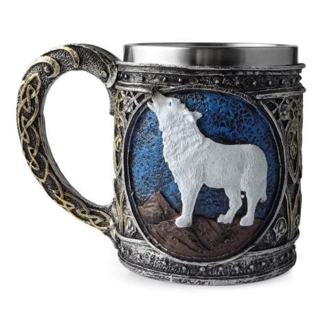 Tasse en métal avec motif 3D de loup. Parfaite pour le café, la bière et comme cadeau décoratif.