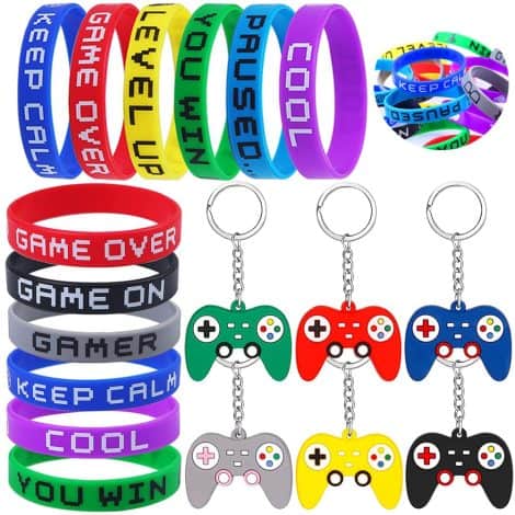 Lot de 24 bracelets en silicone avec des motifs de jeux vidéo, porte-clés et pendentifs. Parfait pour les enfants et les cadeaux d’anniversaire.