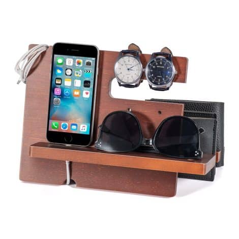 Organisateur de bureau en bois avec station de recharge, support de montre et de téléphone. Cadeau idéal pour Noël, anniversaire et homme.