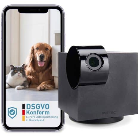 Caméra pour animaux de compagnie PetTec® avec application, détection de mouvement, vision nocturne et vue HD 360° – sans abonnement.