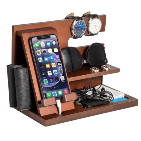 Organiseur bureau en bois avec support téléphone, cadeau utile pour homme. Parfait pour Noël, anniversaire ou fête.