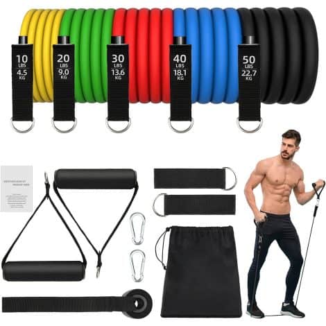 Ensemble de résistance JATEKA pour exercices de musculation avec bandes élastiques, ancrage de porte, poignées, ceinture de cheville et sac à main. Idéal pour la famille et la salle de sport.