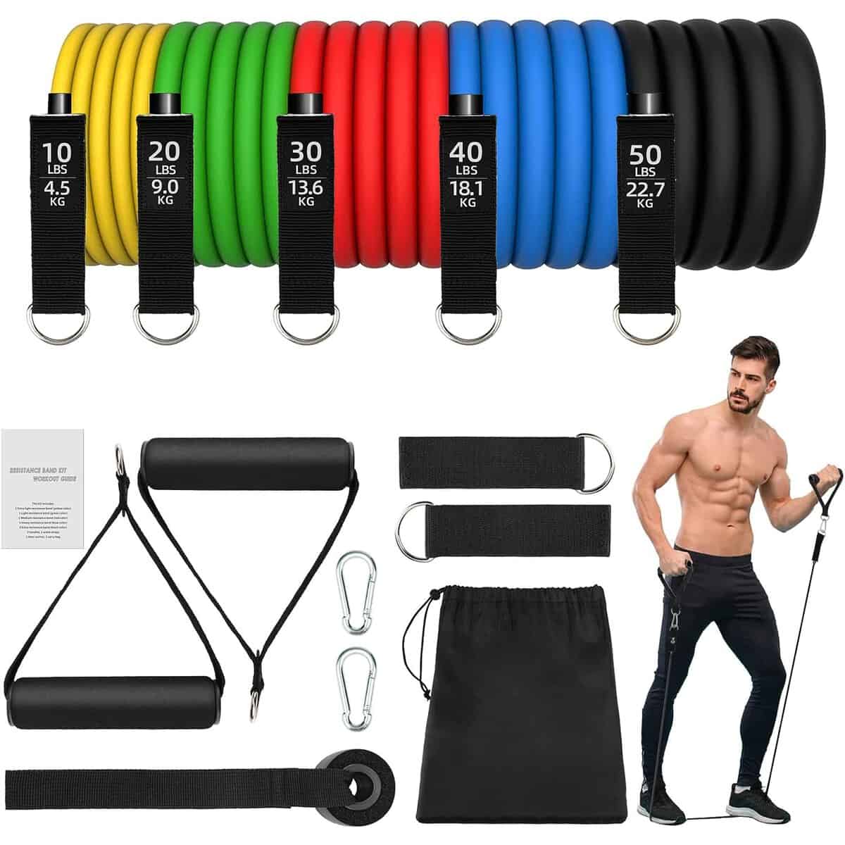 JATEKA Bandes Elastiques Musculation,5 Bande Résistance Fitness kit,Bande Musculation Hommes et Mme,L'entraînement en Force,1 Ancrage de Porte,2 Poignées,2 Ceinture de Cheville, 1 Sac à Main,Famille, Gym